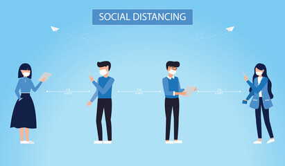 Social distancing, Vector illustration of Man and Woman wearing face mask maintain social distancing with keep distance 2 meters and holding laptop computer or mobile devices for checking social media