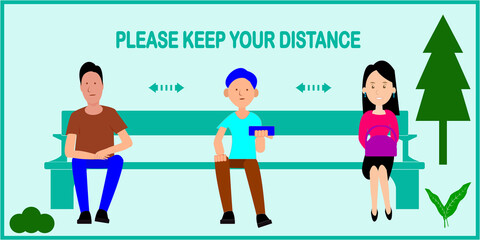keep distance, advice for social distancing,when sitting in a park chair,flat illustration cartoon social distancing