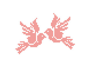 Two birds. Pigeons. Pink silhouette isolated on white background. Vector.