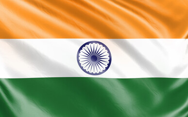 Naklejka premium Banner. Realistic flag. India flag blowing in the wind. Background silk texture. 3d illustration.