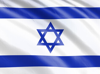 Banner. 3d illustration. Realistic flag. Israel flag blowing in the wind. Background silk texture.