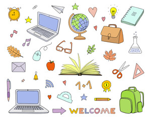 School clipart. Hand drawn doodle vector objects. Set of education elements. Alarm, laptop, book, bag. Back to school design illustration