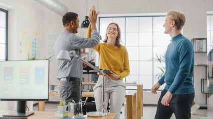 Three Start-up Entrepreneurs Celebrate Success with High Five. They Have Meeting and Discussion...