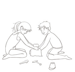 Girl and boy playing with the sand at the beach, black and white drawing.