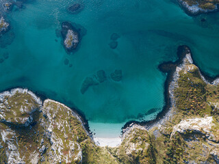 Norwegian sea aerial view over Sommarøy arctic beach, Norway.
