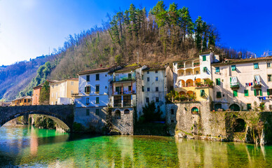 Traditional villages of Tuscany - Bagni di Lucca,  famous for his hot springs and termal waters, Italy - obrazy, fototapety, plakaty