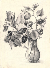 Linden branches in a vase. Sketch charcoal