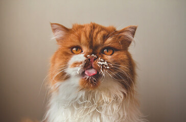 A fluffy ginger cat licks sour cream from its face. Milk tendrils. Funny red cat licks its lips.