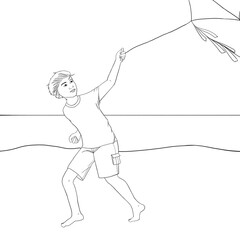 Caucasian boy playing with an kite, black and white drawing.