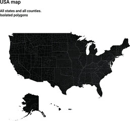 Map of USA with all states and all counties. Black. Isolated polygons