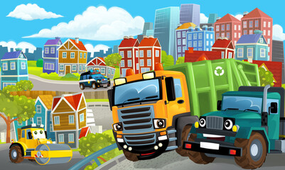 cartoon happy and funny scene of the middle of a city with dumper truck and with cars driving by - illustration