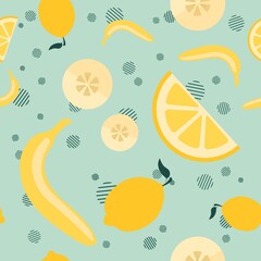 Vector seamless pattern with icons of a whole banana, lemon, slices and geometric elements on a mint pastel background. Flat minimalistic illustration for packaging design of juice, jam, fruit puree.