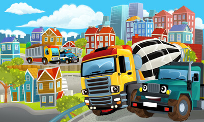 cartoon happy and funny scene of the middle of a city with dumper truck and with cars driving by - illustration