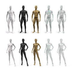 Set of female and male mannequins in metallic gold, transparent, glass, white and black colors. Front view. 3d realistic illustration isolated on white background.