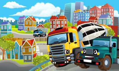 Fototapeta na wymiar cartoon happy and funny scene of the middle of a city with dumper truck and with cars driving by - illustration