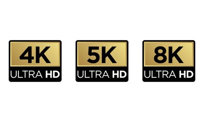 Golden 8K, 4K, 5k Ultra HD Video Resolution Icon Logo; High Definition TV / Game Screen monitor display Label