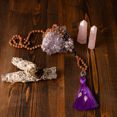 sage bundle, pink crystal and mala 
