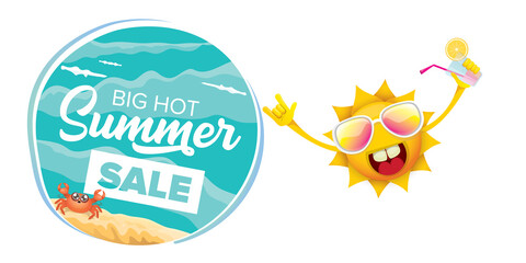 summer sale horizontal web banner or vector label with summer happy sun character holding cocktail