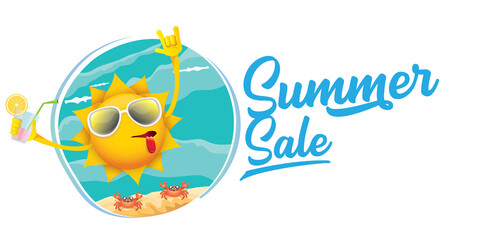 summer sale horizontal web banner or vector label with summer happy sun character holding cocktail