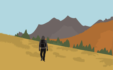 A man goes to the mountains. Vector illustration.