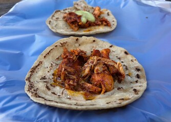 Medium shot of two home-baked flats bread topped with slices of spicy chicken cooked in a traditional underground stove in Mexico.