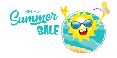 summer sale horizontal web banner or vector label with summer happy sun character holding cocktail
