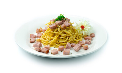 Spaghetti Stir Fried with Ham cube Shape Fusion Food