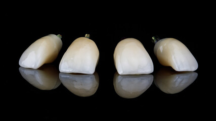 view of the cutting edges of the four dental crowns of the central incisors on a black background with reflection
