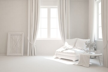 Mock up of stylish room in white color with armchair. Scandinavian interior design. 3D illustration