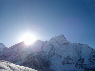 Panoramic view of Mount Everest and Lhotse in the morning from Kalla Pattar. The highest mountain...