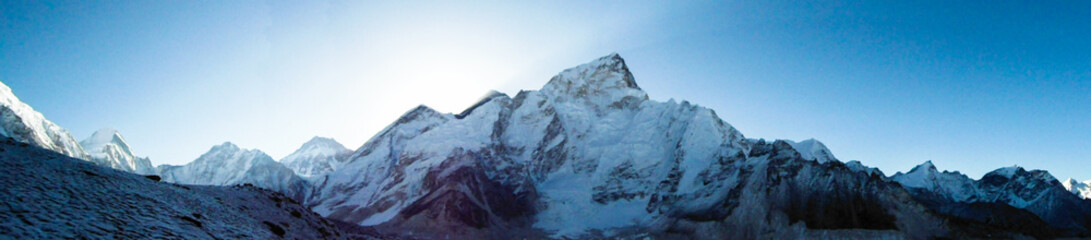 Panoramic view of Mount Everest and Lhotse in the morning from Kalla Pattar. The highest mountain in the world