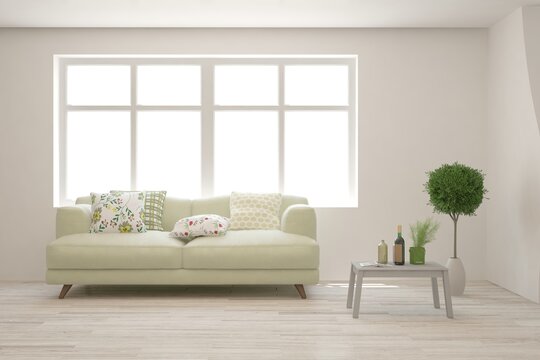 White living room with green sofa, home pland and modern table. Scandinavian interior design. 3D illustration