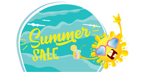 Obraz na płótnie Canvas summer sale horizontal web banner or vector label with summer happy sun character holding cocktail