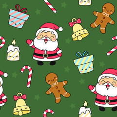 Christmas seamless pattern with christmas symbols. Santa Claus, gift, gingerbread man, candy cane, candle, bell. Cartoon vector illustration.