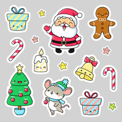 Set of cute Christmas stickers. Kawaii vector illustration.