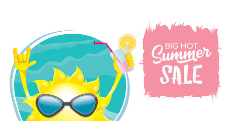 summer sale horizontal web banner or vector label with summer happy sun character holding cocktail