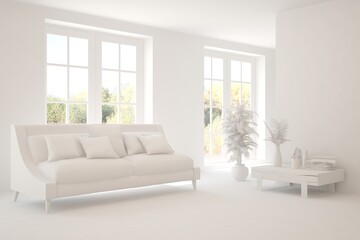 White living room with sofa and summer landscape in window. Scandinavian interior design. 3D illustration