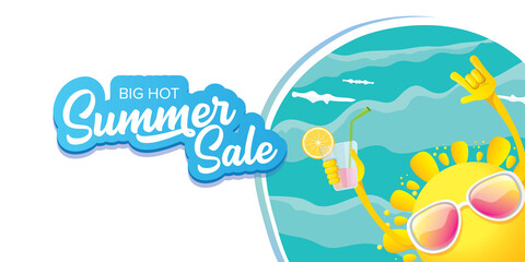 Fototapeta na wymiar summer sale horizontal web banner or vector label with summer happy sun character holding cocktail