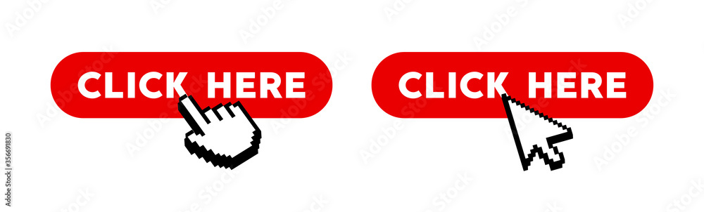 Poster click here button with hand pixel icon. vector icon