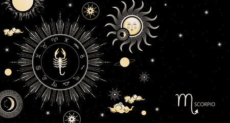 Zodiac background. Scorpio zodiac sign. Horizontal banner.