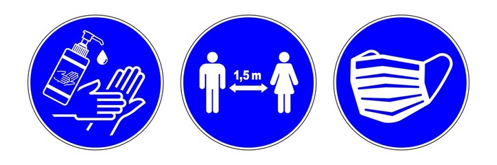 Set - tsoss1 ThreeSetOfSafetySign tsoss - ds273 DiskretionSchild - 3 Icons / Gebotszeichen: Hände desinfizieren - Abstand halten - Maske tragen - template 3to1 banner xxl - g9733