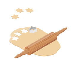 Preparing dough, baking cookies. Metal cookie cutters, rolling pin and dough