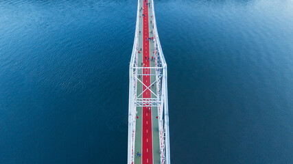 pedestrian and bicycle bridge. touristic place. Kiev, Ukraine. drone shot, bird's-eye, aerial view