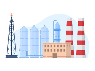 Oil gas industry vector illustration. Cartoon flat urban factory plant landscape with industrial buildings manufactures of technological processing petrol. Production technology icon isolated on white