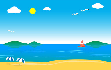 Fototapeta na wymiar Beach landscape with boat, seagull and isles scenery vector