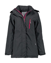 Women's black parka jacket with pink zipper.  Isolated image on a white background.