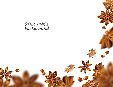 Star anise background. Flying star aniseed on a white backdrop. Quality realistic vector, 3d illustration