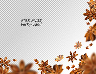 Star anise background. Flying star aniseed on a transparent backdrop. Quality realistic vector, 3d illustration