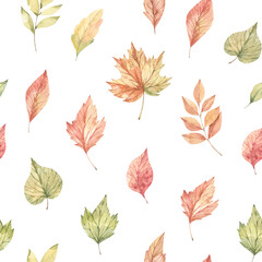 Hand drawn watercolor seamless pattern of fall orange, red and green leaves. Forest background. Hello Autumn! Perfect for seasonal advertisement, invitations, cards, fabric, wrapping paper, textile