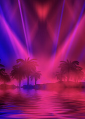 Fototapeta na wymiar Silhouettes of tropical palm trees on a background of abstract background with neon glow. Reflection of palm trees on the water. 3d illustration
